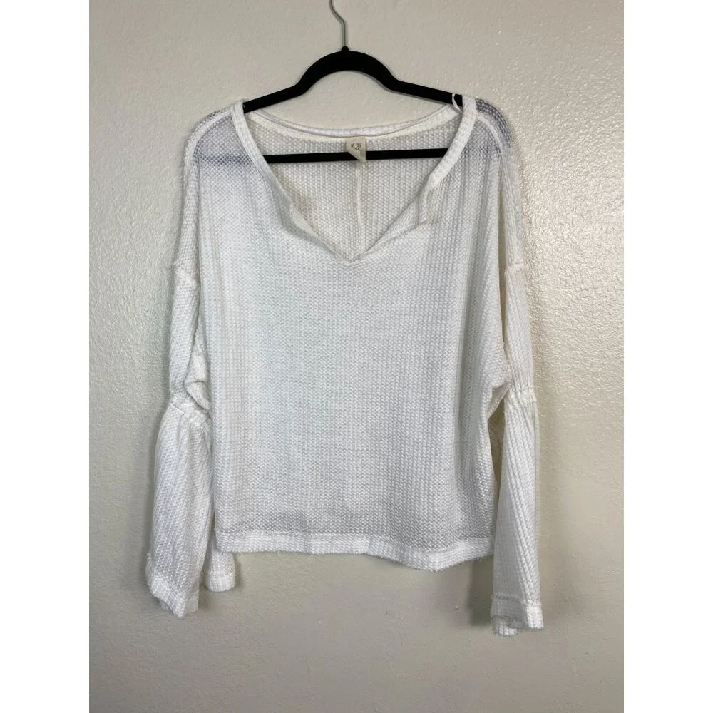 Free People Women White Waffle‎ Knit Top Bell Sleeves Size Small Boho Festival